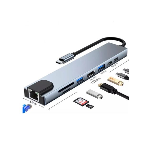 Convertidor USB Tipo C 8 en 1 – HDMI, MicroSD, SD, RJ45 y 2 Puertos USB