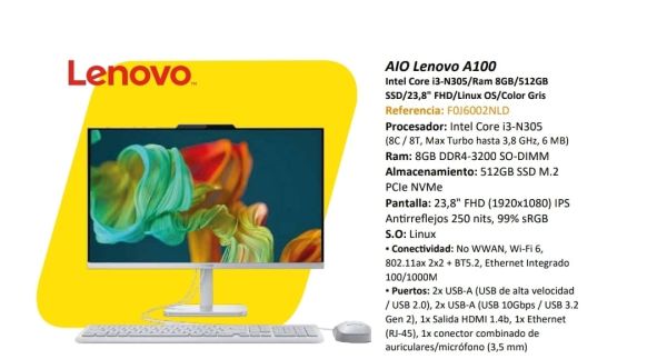 Todo En Uno Aio Lenovo A100 Core I3 N305 8gb 512gb Fhd 23.8 Color Gris