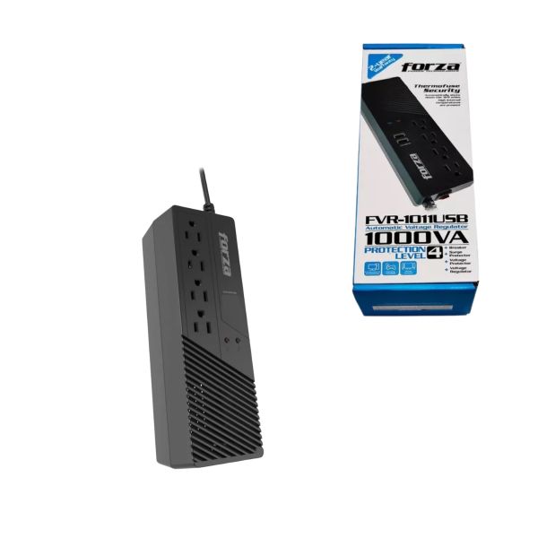 Regulador de Voltaje Forza 1000VA/500W con 4 Tomas NEMA 5-15R y Protección contra Sobretensión