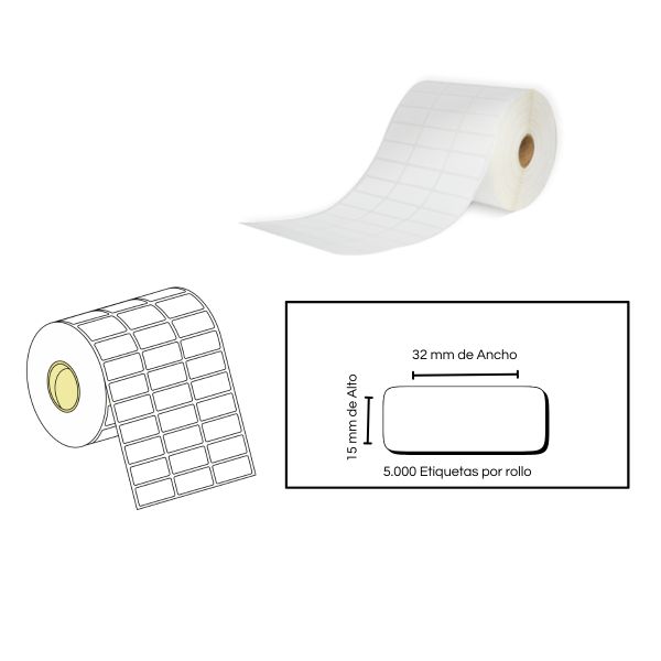 Rollo de Etiquetas Adhesivas 32x15 mm – 5,000 Unidades