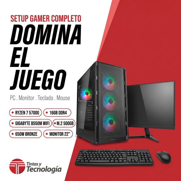 EQUIPO DE MESA Amd R7-5700GT / B550M DS3H/ 16GB/500GB/650W /monitor 22