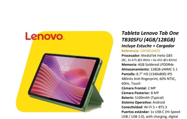 TABLET LENOVO TAB ONE TB305FU /4GB /128GB /8.7"HD/ ESTUCHE + CARGADOR