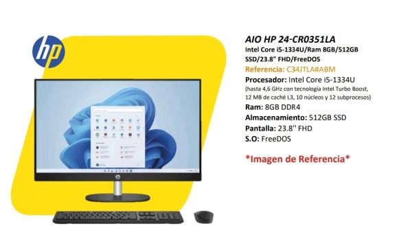 Todo en Uno HP 24-cr0351LA – C34JTLA#ABM – Core i5 1334U – 8GB RAM – 512GB SSD – 23.8”