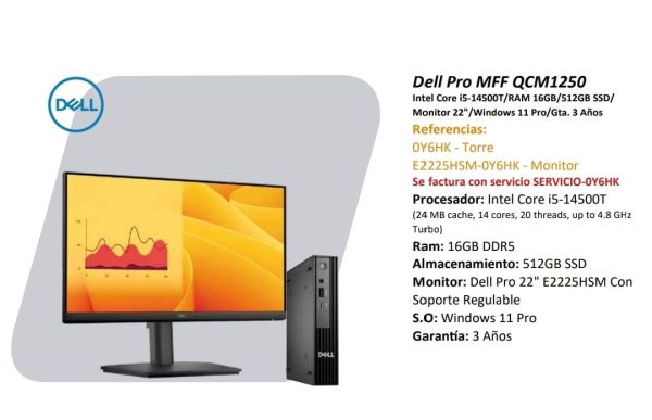 Pc Dell Pro QCM1250 I5-14500T 16GB RAM 512GB SSD Windows 11 Pro + Monitor FHD 22