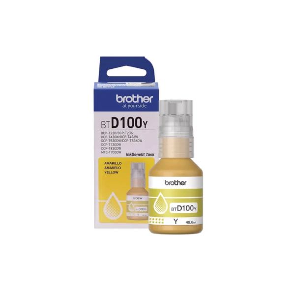 Botella de Tinta Brother Original BT-D100 Amarilla de Alto Rendimiento 48.8 ml