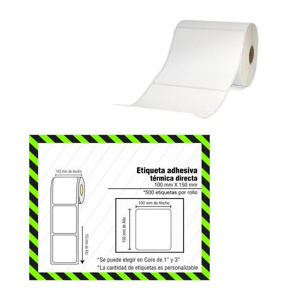 Rollo de Etiquetas Adhesivas Transferencia Térmica 100x150 mm – 500 Unidades