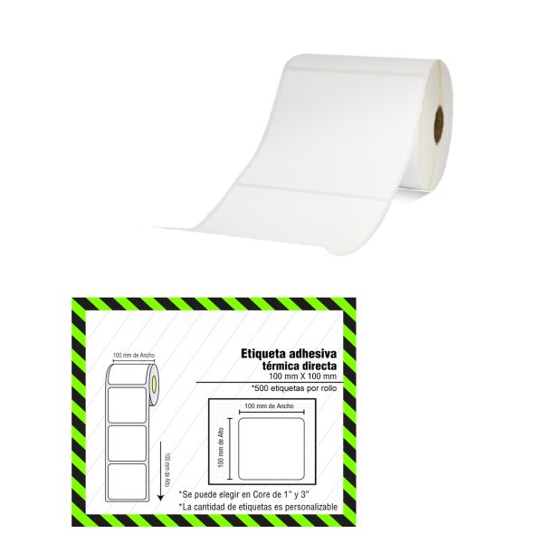 Rollo de Etiquetas Adhesivas Transferencia Térmica 100x100 mm – 500 Unidades