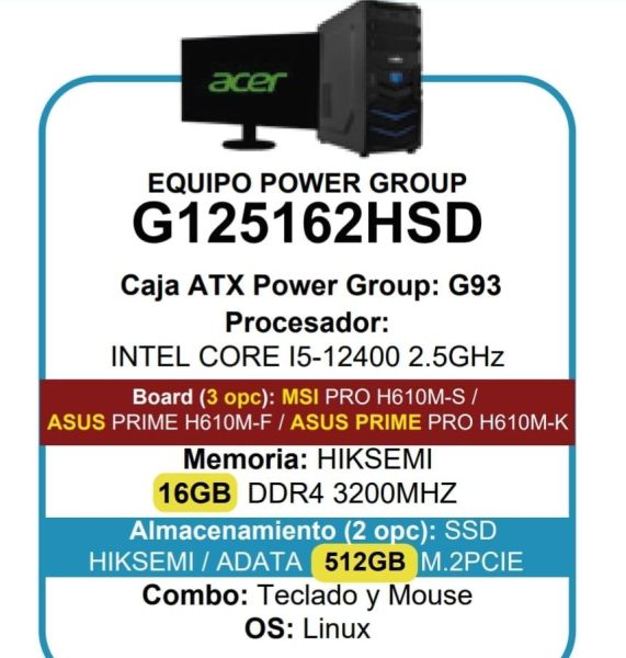 Computador de Mesa Intel Core i5-12400, 16GB DDR4, SSD 512GB