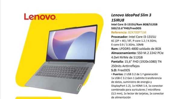 Computador Portátil Lenovo IdeaPad Slim 3 15IRU8 - Intel® Core™ i3-1315U - RAM 8GB - 512GB SSD - 15