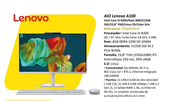 Todo En Uno Aio Lenovo A100 Core I3 N305 8gb 512gb Fhd 23.8 Color Gris