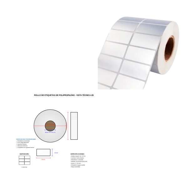 Rollo de Etiquetas Adhesivas de Polipropileno 50x25 mm – 4,000 Unidades