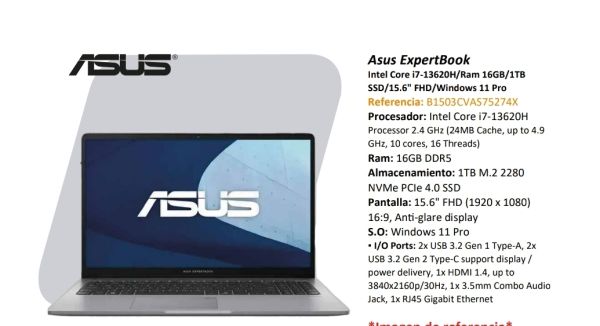 PORTATIL ASUS EXPERTBOOK INTEL COREI7-13620H/16GB/1TB/15.6/W11 PRO