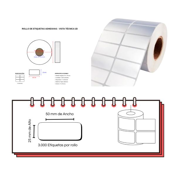 Rollo de Etiquetas Adhesivas 50x25 mm – 4,000 Unidades